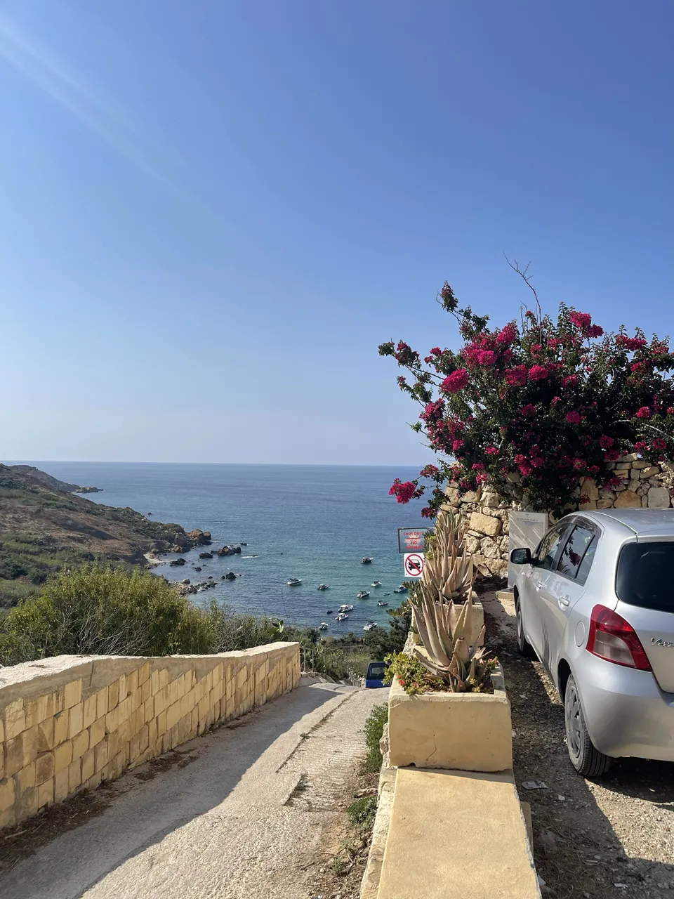 Schmaler Weg hinunter zur San Blas Bay mit Bougainvillea und Blick aufs Meer